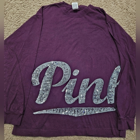 PINK Victoria's Secret Bling Vintage Sequin Spellout Long Sleeved Oversized Tee - Picture 1 of 4